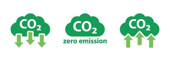Green CO2 Emission Icons, Reduce, Zero Emission, and Increase Carbon Indicators. vector