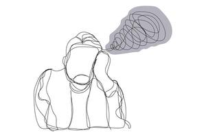 Sketch hand drawn line art of man male and boy headache unhappy depress continuous line concept background. vector