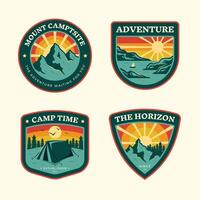 Four badges with the words adventure, camp, and the horizon vector