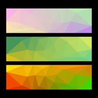 Set of three colorful low-poly abstract banner designs in pastel, green, and warm orange tones, perfect for modern creative projects and digital branding. vector