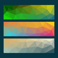 A set of vibrant, abstract banners with low-poly geometric patterns in green, multicolor, and beige themes. Modern and creative design perfect for web or promotional use. vector