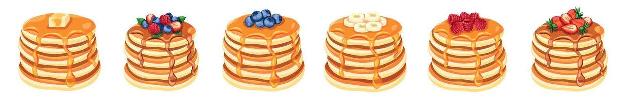 Set of yummy pancakes covered with chocolate and honey in a cartoon style. Illustration of pancakes with berries,butter,blueberries,strawberries,raspberries,bananas isolated on white background. vector
