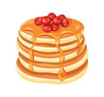 Delicious pancakes with fresh cranberries in a cartoon style. Illustration of fresh and fluffy pancakes drizzled with syrup or honey and cranberries isolated on a white background. Breakfast. vector