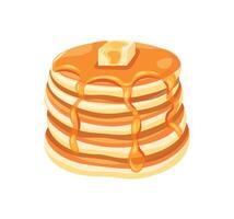 Delicious pancakes with butter in a cartoon style. Illustration of fresh and fluffy pancakes drizzled with honey and a piece of butter isolated on a white background. American breakfast. vector