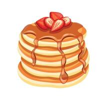 Delicious pancakes with sweet strawberries in a cartoon style. Illustration of fresh and fluffy pancakes drizzled with honey and whole, halves, strawberries isolated on a white background. vector