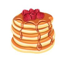 Delicious pancakes with sweet raspberries in a cartoon style. Flat illustration of fresh and fluffy pancakes covered with syrup or chocolate and raspberries isolated on a white background.Breakfast. vector