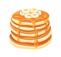 Delicious pancakes with sweet banana circles in a cartoon style. Illustration of fresh and fluffy pancakes drizzled with honey and banana slices isolated on a white background. Breakfast. vector