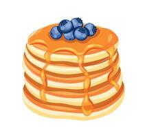 Delicious pancakes with fresh blueberries in a cartoon style. Flat illustration of fresh and fluffy pancakes drizzled with honey and blueberries isolated on a white background. American breakfast. vector