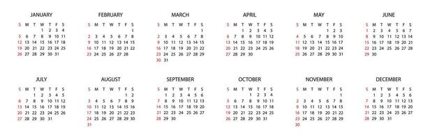Full-Year Calendar Layout with Dates vector