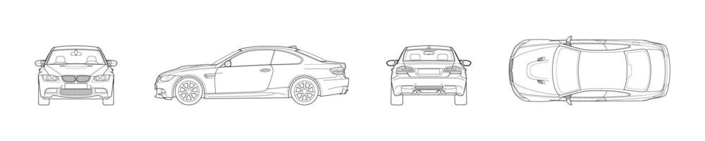 Line art blueprint of a BMW displayed from front, side, rear, and top views editorial illustration. Rivne, Ukraine - December 20, 2024 vector