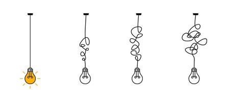 Curled Wires Hanging Light Bulb Illustrations Set. Problem Solving Concept Icons vector