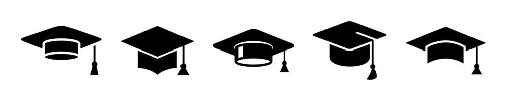 Graduation Cap Icon Set in Black Flat Style vector