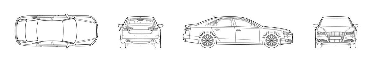 Line art blueprint of a Audi displayed from front, side, rear, and top views editorial illustration. Rivne, Ukraine - December 20, 2024 vector