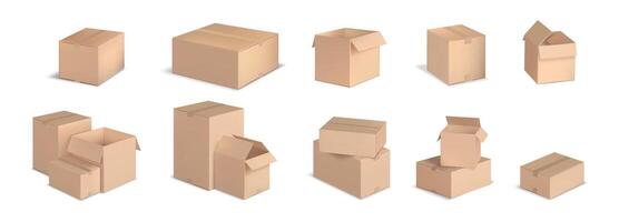 Cardboard Boxes in Various Opening Stages Set vector