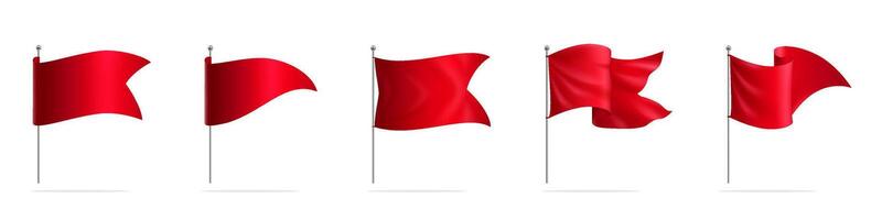 Collection of Waving Red Flags on Poles Set vector