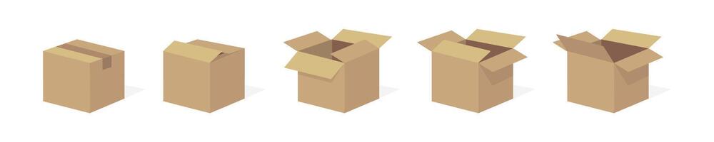 Cardboard Boxes in Various Opening Stages Flat Set vector