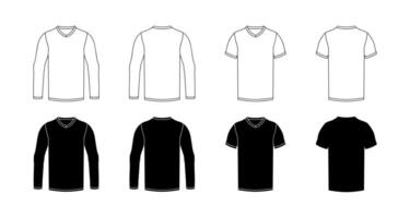 Black and White T-Shirt Flat and Outline Front and Back Set vector