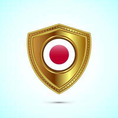 Rounded flag of Japan with glossy gold shield