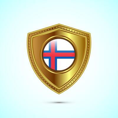 Rounded flag of Faroe Islands with glossy gold shield