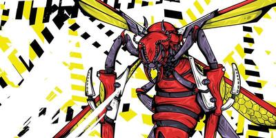 a red and yellow insect with a yellow and black background vector