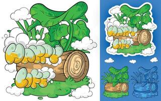 a cartoon illustration of a log with plants and a cloud vector