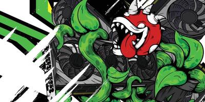 a green and red monster with a green leaf on it vector