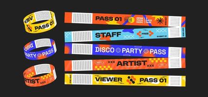 5 colorful event wristbands in retro futuristic style. Illustration of colorful event bands for parties, festivals, events, disco, fan zone. Control ticket bracelets for staff and artist. vector