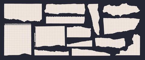 Set of 14 ripped squared notepad paper scraps. Torn paper sheet in retro style for scrapbooking. Distressed paper edge clipart. vector