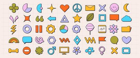 Abstract shapes and stickers in old retro style. 80s and 90s modern nostalgia vibe. Colorful badges and labels for posters, flyers. Funny flat cartoon elements. vector