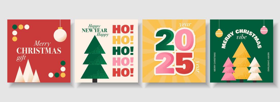 2025 Happy New Year, Merry Christmas square posters, cards and banners. Abstract funky Christmas tree and ball illustration. New year quotes. Modern retro illustration.