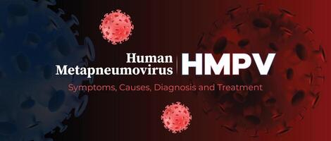 Human metapneumovirus HMPV illustration on a dark red and black background with viral particles, representing respiratory infection, virology, and disease awareness vector