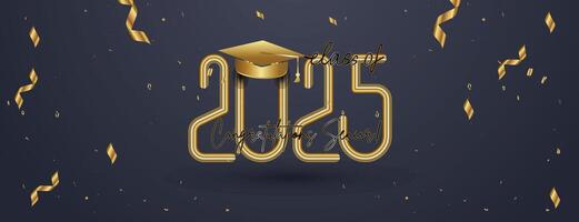 2025 graduation celebration design with elegant gold text, graduation cap, and confetti on a dark festive background vector