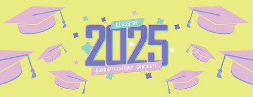 class of 2025 design with pastel yellow and purple graduation caps, decorative confetti, and a vibrant theme for celebrations vector