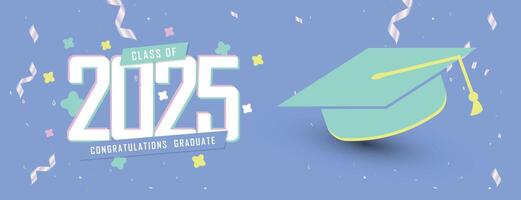 2025 graduation banner with a blue background, floating cap illustration, and decorative confetti design for festive celebrations vector