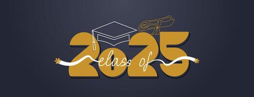 class of 2025 banner with gold typography, graduation cap illustration, and navy-blue background for elegant academic celebrations vector