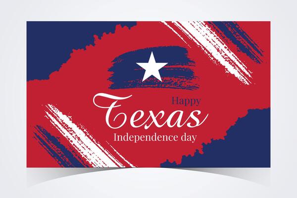 Texas Independence Day celebration with red, white, and blue brush strokes, stars, and bold text for patriotic national holiday