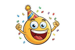 Vibrant party themed emoji illustration with wide smile, festive hat, and colorful confetti, symbolizing fun, joy, and celebration vector