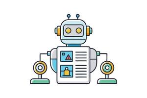 Humorous cartoon robot character with interactive gadgets, showcasing innovation in artificial intelligence and robotic systems vector
