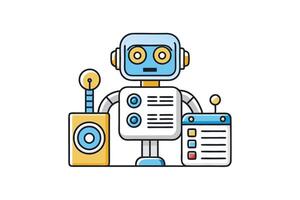 Flat illustration of a friendly AI assistant robot with digital interface elements and connected gadgets, representing futuristic technology vector