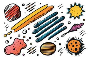 Vibrant hand painted doodle style shapes and lines with grunge textures, ideal for unique abstract design projects vector