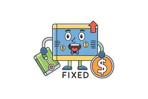 Creative fixed costs icon design with cartoon character, gears, and dollar symbols, ideal for financial management and economy related content vector