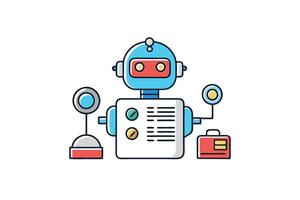 Cartoon style robot design featuring a humanoid AI assistant, control panels, and data displays, symbolizing artificial intelligence in action vector