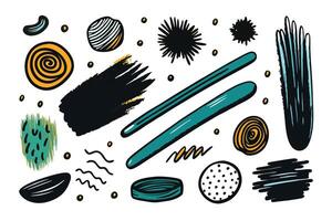 Artistic set of colorful abstract hand painted shapes, lines, and textures with modern grunge style on white background vector