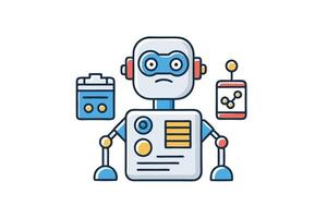 Futuristic robot illustration with vibrant colors and digital devices, highlighting the concept of AI technology and automation in modern life vector