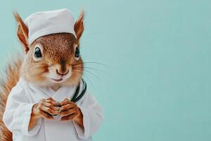 A squirrel dressed as a doctor holding a stethoscope photo