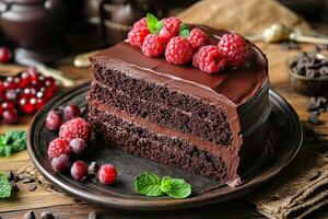 A piece of chocolate cake with raspberries and mint photo