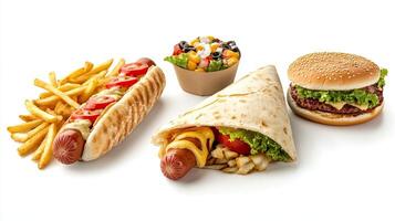 Three different types of food are shown on a white background photo
