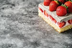 A strawberry cake with cream cheese frosting on top photo