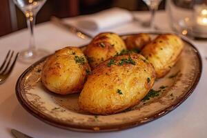A plate of potatoes on a table photo