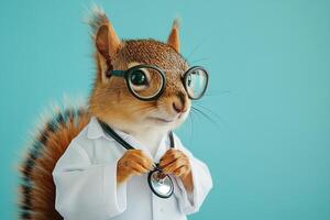 A squirrel wearing a doctor's coat and glasses photo